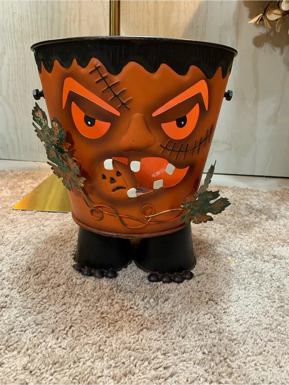 Halloween Orange Frankenstein Metal Decorative Bucket by